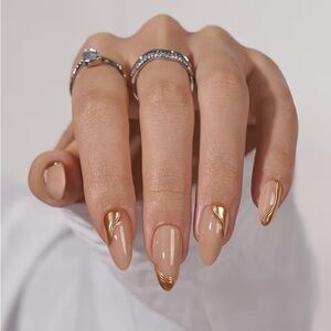 BTArtbox Press On Nails Medium Almond Gold Nude Metallic Polish Glue Tab Stick